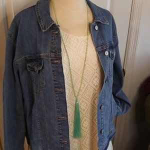 Mint Silky Tassel Skinny Necklace Made with Pale Mint and White Beads | New